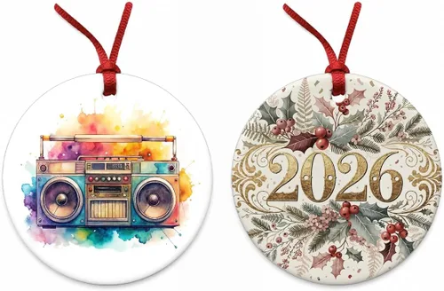 Vista 8 de Retro Boom Box Radio Cassette Player Acuarela Redondo Cerámica Navidad Árbol Ornamento