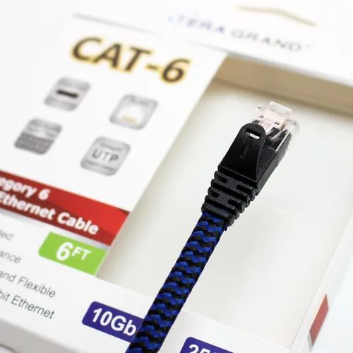 Vista 6 de Cable de red trenzado ultra plano CAT6 10 Gigabit Ethernet de 6 pies, negro/azul, cable LAN de Internet para computadora con conectores RJ45 sin