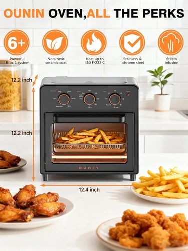 Vista 2 de OUNIN Horno tostador y freidora de aire con infusión de vapor, 12L compacto, apto para encimera, precalentamiento rápido con opciones de hornear