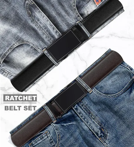 Vista 5 de Cinturones de trinquete para hombre, paquete de 2 unidades, cinturones deslizantes ajustables, cinturones sin agujeros para regalos, vestido casual