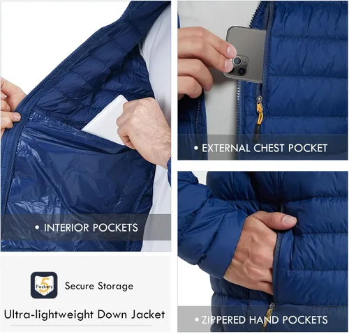 Vista 6 de Chaqueta de plumón para hombre, plegable, ligera, resistente al agua, con capucha