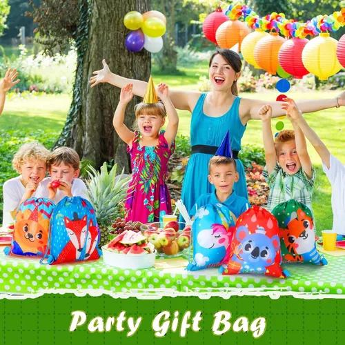 Vista 5 de Shappy Paquete de 12 bolsas de recuerdos de fiesta de animales de dibujos animados, bolsa de regalo de animales de safari, mochila con cordón