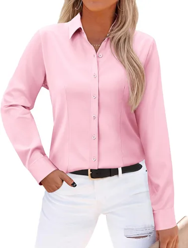 Vista 12 de Gleeivy - Camisas abotonadas para mujer, sin arrugas, de manga larga, camisas de vestir casuales con cuello V, ajustadas, de un solo