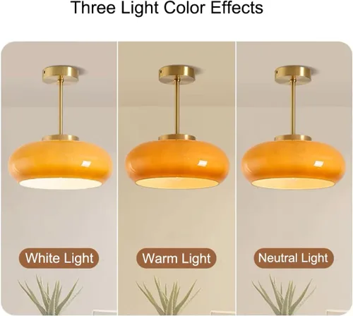 Vista 7 de Lámpara de techo semiempotrada de cristal, moderna cerca del techo, pantalla de cristal de cúpula naranja de 11 pulgadas, lámpara de techo dorada
