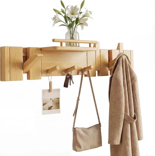 Vista 13 de Gancho plegable de nogal moderno de mediados de siglo con estante, ganchos de madera resistentes para toallas ocultos para baño, estante de pared
