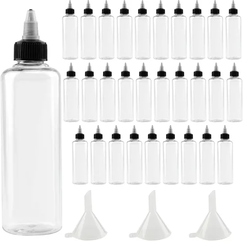 Vista 7 de 64 botellas de plástico de 4 onzas, botellas dispensadoras redondas con tapa superior giratoria para manualidades, cocina, hogar, transparente