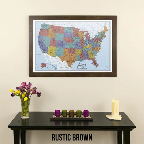 Vista 56 de Push Pin Travel Maps Lienzo personalizado Blue Oceans USA con marco gris de madera de granero
