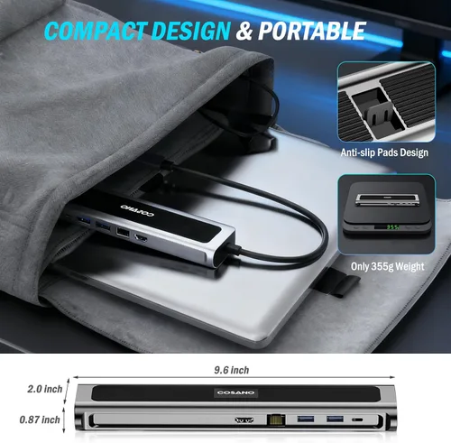 Vista 5 de Estación de acoplamiento para laptop, estación de carga universal todo en uno de carga rápida de 100 W con doble USB-C USB-A Hub 4K HDMI Ethernet 1