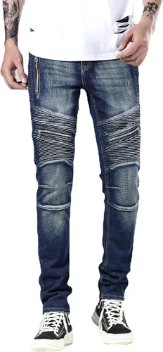 Vista 3 de Skinny Slim Fashion - Jeans elásticos de motociclista de Hip Hop con agujeros rectos rasgados.