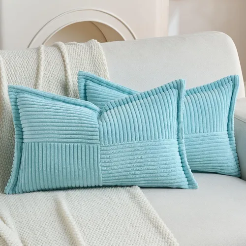 Vista 14 de HAUSSY Paquete de 2 fundas de almohada de 16 x 16 pulgadas, fundas decorativas de pana suave, estilo bohemio, a rayas, sólidas, decoración