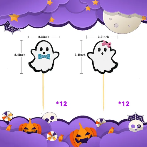 Vista 2 de 24 piezas de adornos de Halloween para cupcakes fantasmas, palillos de revelación de género para niños y niñas, adornos para tartas rosas y azules