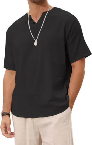 Vista 5 de Angbater Camiseta casual de lino Henley de manga corta para hombre, camiseta hippie de playa, camiseta ligera tropical para verano