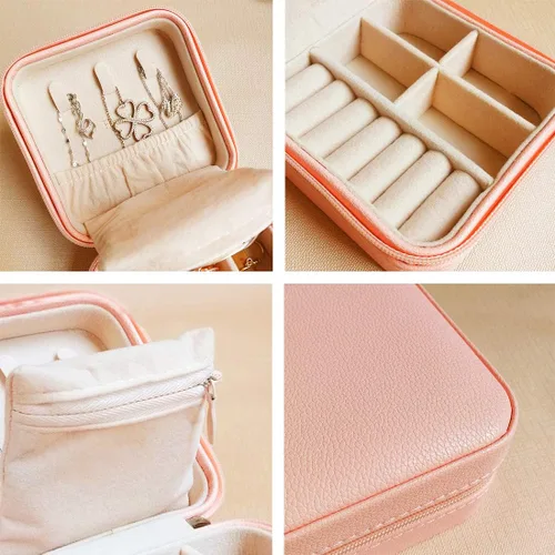 Vista 5 de HerFav Organizador de joyas de viaje, pequeño joyero, mini joyero portátil para anillos, aretes y collares para mujeres y niñas (rosa)