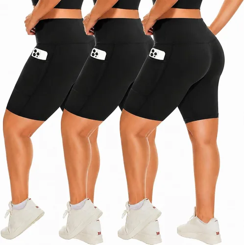 Vista 18 de HLTPRO 3 Pack Plus Size Biker Shorts for Women, Pocket & No-Pocket Options Negro/Beige Rosa/ Gris