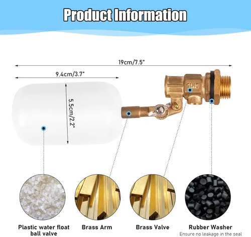 Vista 3 de Válvula de flotador de 1/2 pulgada de latón con brazo ajustable Válvula de control de nivel de agua de 60 PSI llenado y apagado automático