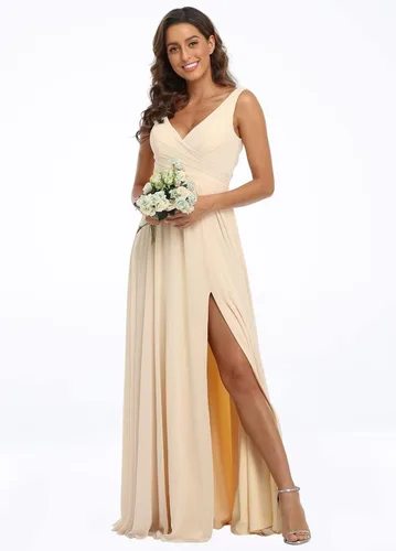 Vista 3 de Vestido de dama de honor de gasa con cuello en V, vestido de fiesta formal de boda
