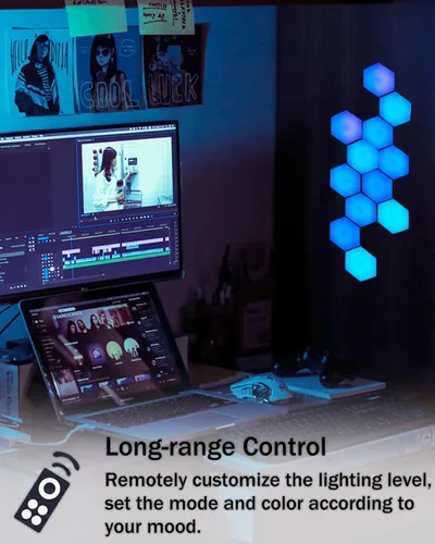 Vista 3 de Luces hexagonales, luces de pared hexagonales RGB con control remoto, paneles de pared hexagonales inteligentes, luces de pared LED conmovedoras