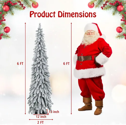 Vista 7 de GOFLAME Árbol de Navidad Artificial Preiluminado de 6 Pies, Árbol de Navidad Delgado con Cobertura de Nieve y Forma de Lápiz con Luces LED