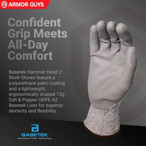 Vista 5 de Armor Guys Hammer Head 3 Basetek - Guantes de trabajo protectores – Agarre de poliuretano gris para mujeres y hombres con forro HDPE A3 Basetek – L