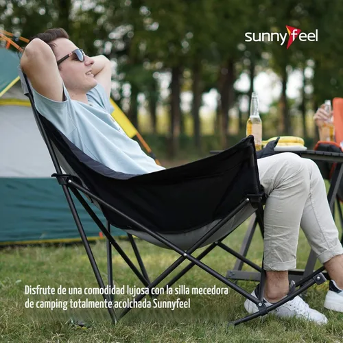 Vista 5 de SUNNYFEEL Silla Mecedora de Camping de Gran Tamaño, Silla de Patio Totalmente Acolchada con Bolsillo Lateral, Sillón Reclinable Portátil de Respaldo