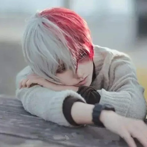 Vista 6 de OSIAS Peluca de cosplay de anime, peluca de Halloween, con gorra de peluca gratis (Todoroki Shouto)