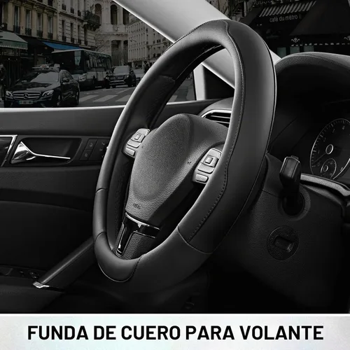Vista 6 de Road Comforts Funda para volante, de piel antideslizante y transpirable, ajuste universal de 14.5 a 15 pulgadas, agarre cómodo, color negro