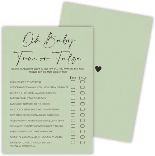 Vista 11 de 30 tarjetas de juego minimalistas verdes para baby shower con tarjeta de respuesta, juego de vientre de bebé o cerveza, juegos de baby shower