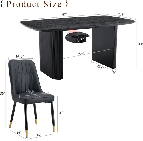 Vista 3 de Juego de mesa de comedor moderno para 4, juego de mesa de comedor negro de 67 pulgadas con mesa ovalada de madera de 3.5 pulgadas de grosor y base