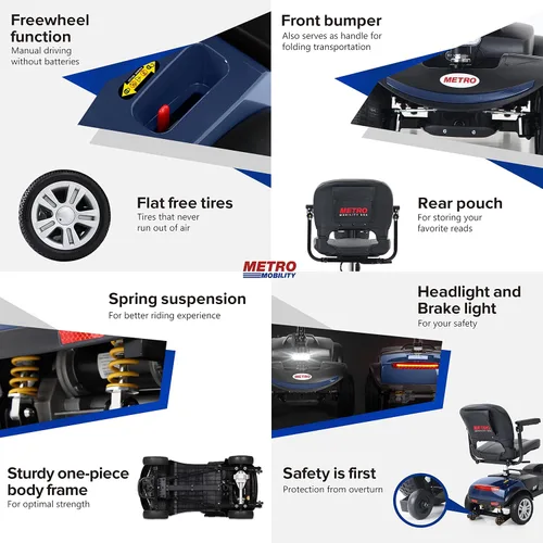 Vista 4 de Scooter eléctrico de movilidad de 4 ruedas - Scooter plegable de movilidad con batería para personas mayores, adultos, color azul