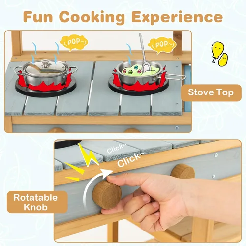 Vista 4 de Costzon Cocina de madera para niños, cocina de barro al aire libre con fregadero extraíble, caja de agua y grifo, parte superior de la estufa