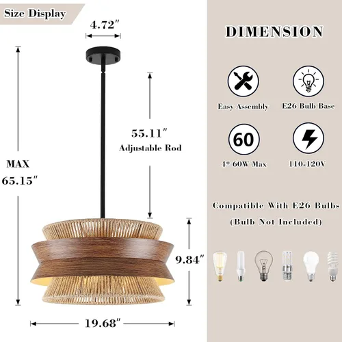 Vista 4 de Lámpara de araña de ratán tejida a mano de 19.7 pulgadas para comedor, lámpara bohemia de granja de 4 luces con textura de madera, lámpara colgante