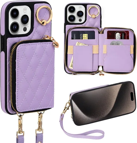 Vista 33 de Funda para iPhone 12 Pro/iPhone 12 de 6.1 pulgadas, cartera cruzada con cremallera para mujer, tarjetero con bloqueo RFID, funda de cuero con Negro