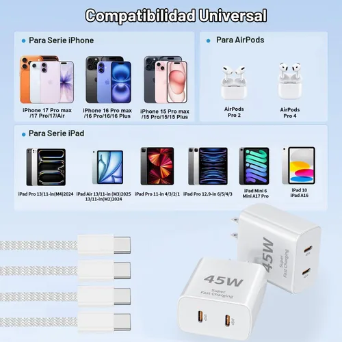 Vista 6 de Cargador súper rápido USB C de 45 W, paquete de 2 bloques de carga dual USB C para iPhone con cable trenzado tipo C a C de 3.3 pies de carga rápida