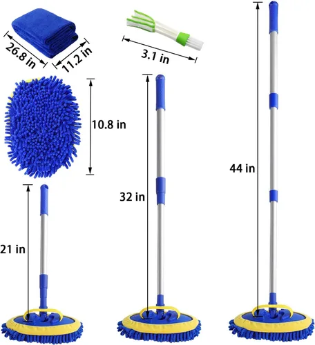 Vista 7 de Guante de microfibra 2 en 1 para lavado de autos con mango largo de aleación de aluminio de 45", kit de limpieza de coche de chenilla con cepillo