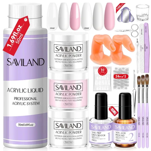 Vista 13 de Saviland Kit de iniciación de uñas acrílicas: polvo y líquido acrílico rosa claro nude, cepillo, limas, formularios, uñas a presión, juego