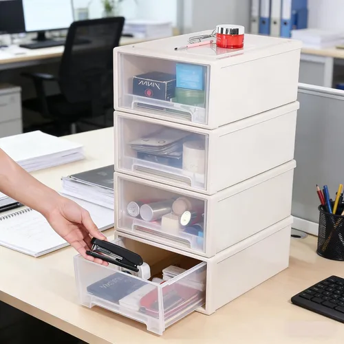 Vista 2 de Xyskin Paquete de 4 cajones apilables compactos de plástico de 12 cuartos de galón, caja apilable de almacenamiento de escritorio Stackable Unit