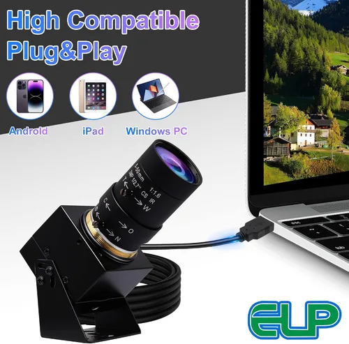Vista 7 de ELP Cámara USB 4K con micrófono Zoom manual Cámara web de 0.197-1.969 in de enfoque variable Cámara de PC para computadora UVC USB2.0 Cámara web