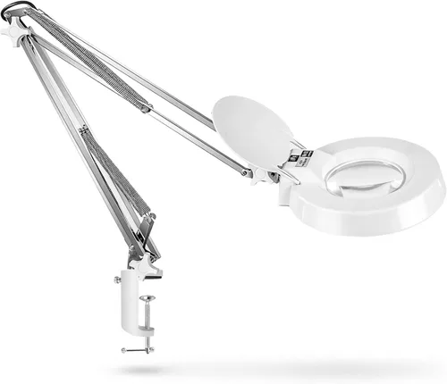 Vista 10 de 10 lupas con luz y soporte, lámpara de escritorio con luz LED regulable con abrazadera, lupa manos libres, brazo de acero inoxidable ajustable