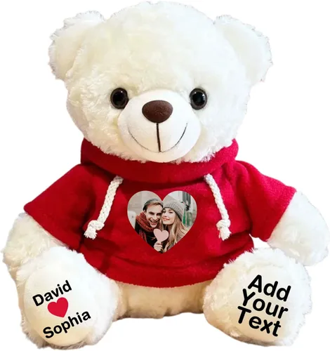 Vista 11 de Oso de peluche personalizado con fecha de texto de imagen, juguetes de peluche personalizados de 11 pulgadas, regalo para novia, novio, cumpleaños