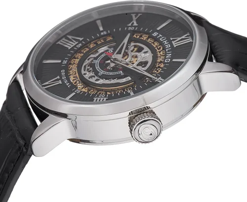 Vista 2 de Stuhrling Original Reloj de hombre 696.02 Legacy Automatic Skeleton Date con correa de cuero negro, NegroPlata, Moderno