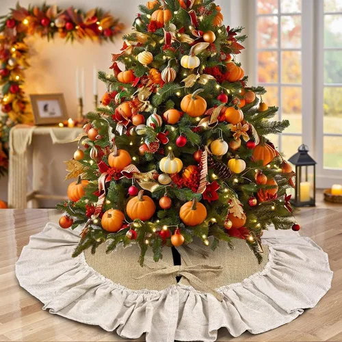 Vista 5 de Mini Falda de Arpillera para Árbol de Navidad con Borde con Volantes, Decoraciones para Árbol de Navidad Pequeño de 24 Pulgadas Ornamentos para Mesa