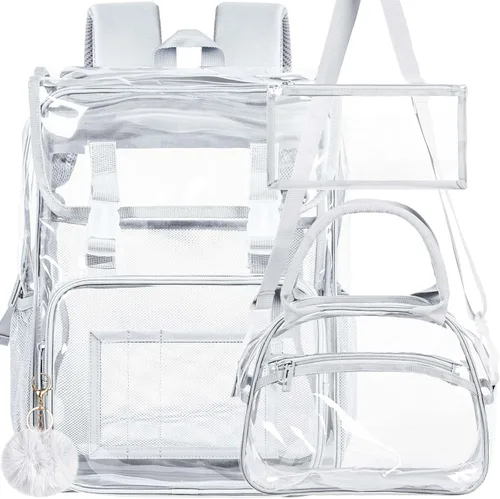 Vista 18 de Mochila transparente con tapa abatible de 17 pulgadas, juego de 3 piezas aprobado para estadios, bolsa transparente resistente para gimnasio o Negro