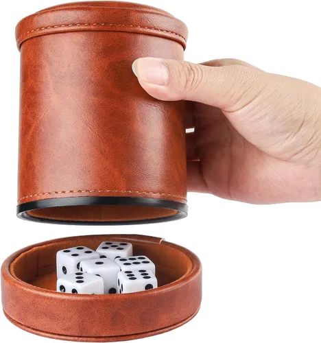 Vista 3 de Taza de dados de piel sintética marrón con tapa, taza de terciopelo interior silenciosa con 6 dados para juegos de dados mentirosos, Farkle/Yahtzee