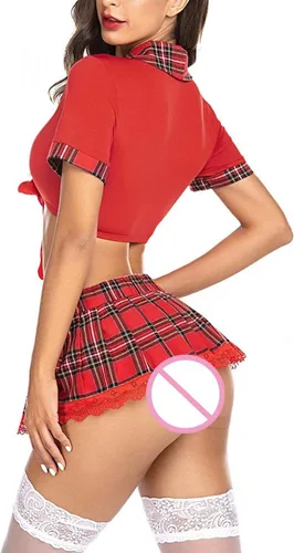 Vista 3 de Conjunto de lencería para mujer con camiseta corta y minifalda a cuadros