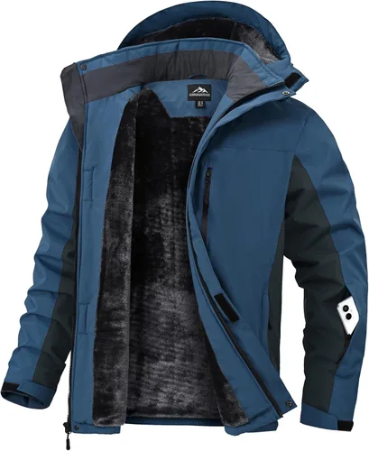 Vista 8 de Chaqueta de esquí para hombre, impermeable, con forro de vellón, abrigo de nieve cálido, cortavientos, con capucha, para el invierno