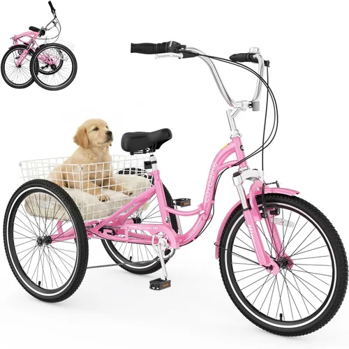 Vista 8 de MOPHOTO Triciclo plegable para adultos, 7 velocidades, 20/24/26 pulgadas, bicicleta de 3 ruedas para personas mayores, mujeres y hombres, bicicleta