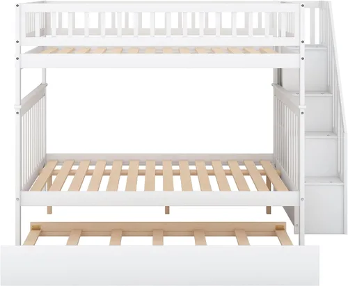 Vista 4 de Litera de madera para niños, tamaño matrimonial sobre matrimonial, con escaleras, cama nido de almacenamiento para niños y niñas, no necesita somier