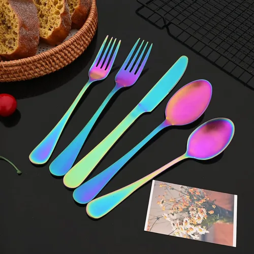 Vista 4 de JASHII Juego de cubiertos de 20 piezas con acabado satinado, servicio para 4, juego de cubiertos de titanio, juego de utensilios de arcoíris mate