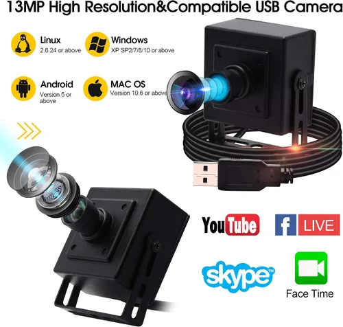 Vista 5 de Cámara USB de gran angular de 13 MP con micrófono para computadora 100 grados sin distorsión lente webcam mini UVC USB2.0 PC cámara industrial video