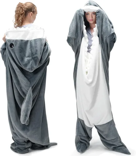Vista 7 de Touchat Manta de Tiburón, Disfraz de Enterizo para Adulto, Manta Suave y Acogedora de Franela con Dibujos de Animales para Cosplay, Manta con Azul